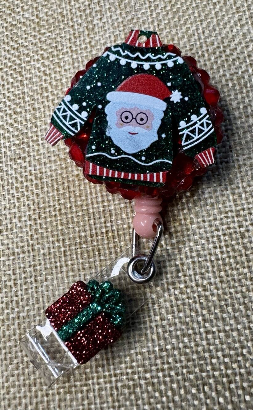 Santa Sweater On Red Rinestones Retractable Badge Reel ID Holder Handmade
